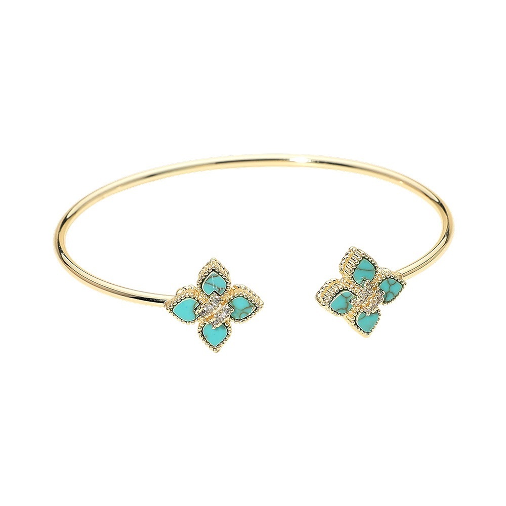 Elegant 14K Gold Plated Turquoise Clover Floral Bracelet - Picture 1 of 2